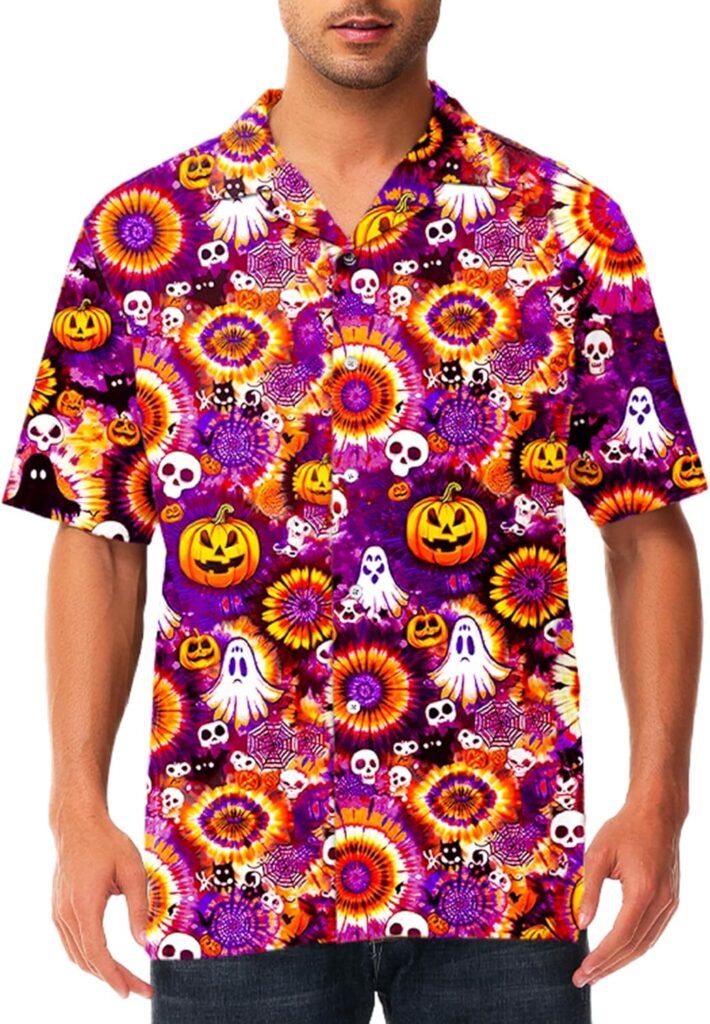 AOBUTE Mens Halloween Button Shirts Pumpkin Shirt Sugar Skull Costume Top
