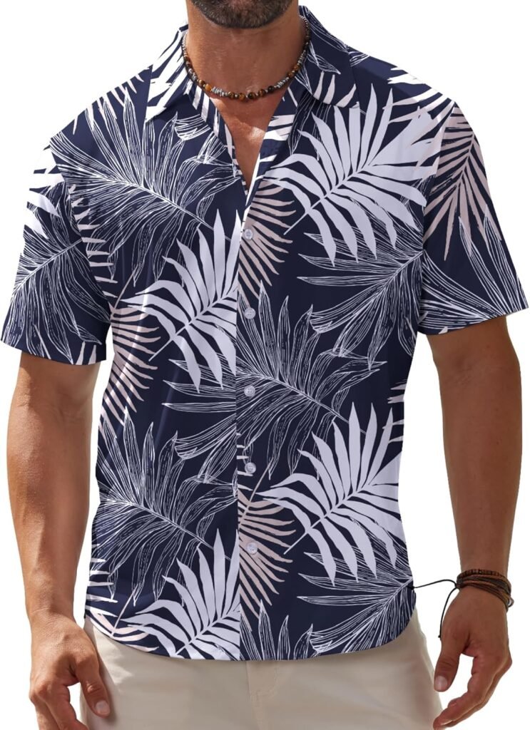 BOJIN Mens Hawaiian Wrinkle Free Short Sleeve Button Down Tropical Floral Beach Vacation Shirt