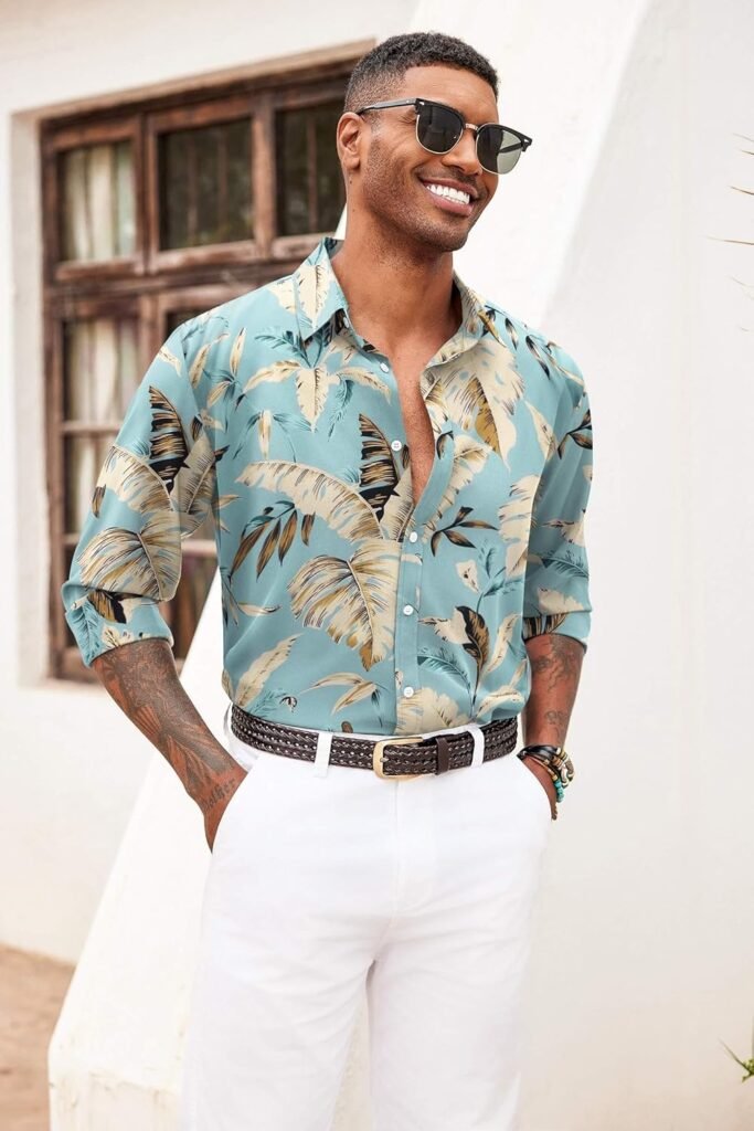 COOFANDY Mens Floral Button Down Long Sleeve Hawaiian Shirt Flower Printed Tropical Beach Shirts