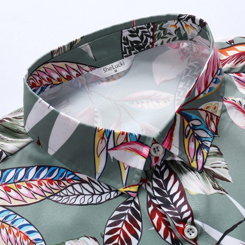 SheLucki Hawaiian Shirt for Men, Unisex Summer Beach Casual Short Sleeve Button Down Shirts, Printed Palmshadow Clothing