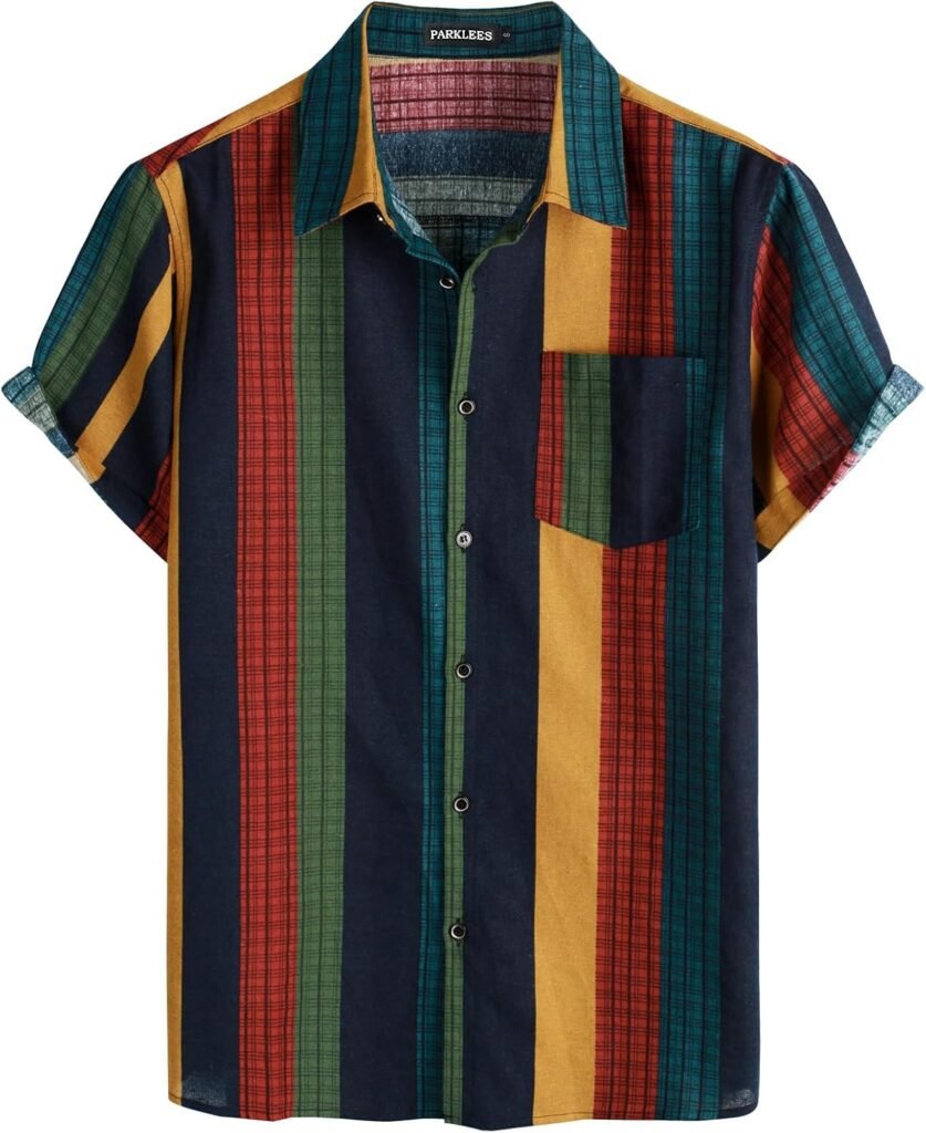 Mens Cotton Linen Vintage Pattern Printed Old Style Shirt Casual Short Sleeve Button Down Retro Shirts